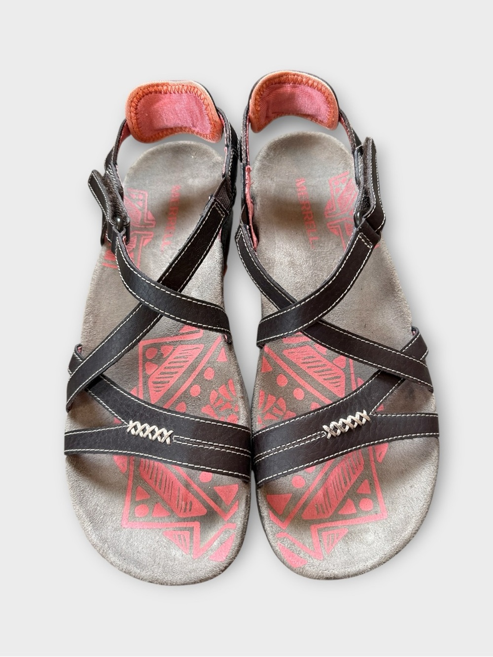 Merrell Sandspur Rose Sandals Brown Strappy Sandals Coral Footbed Print Sz 7